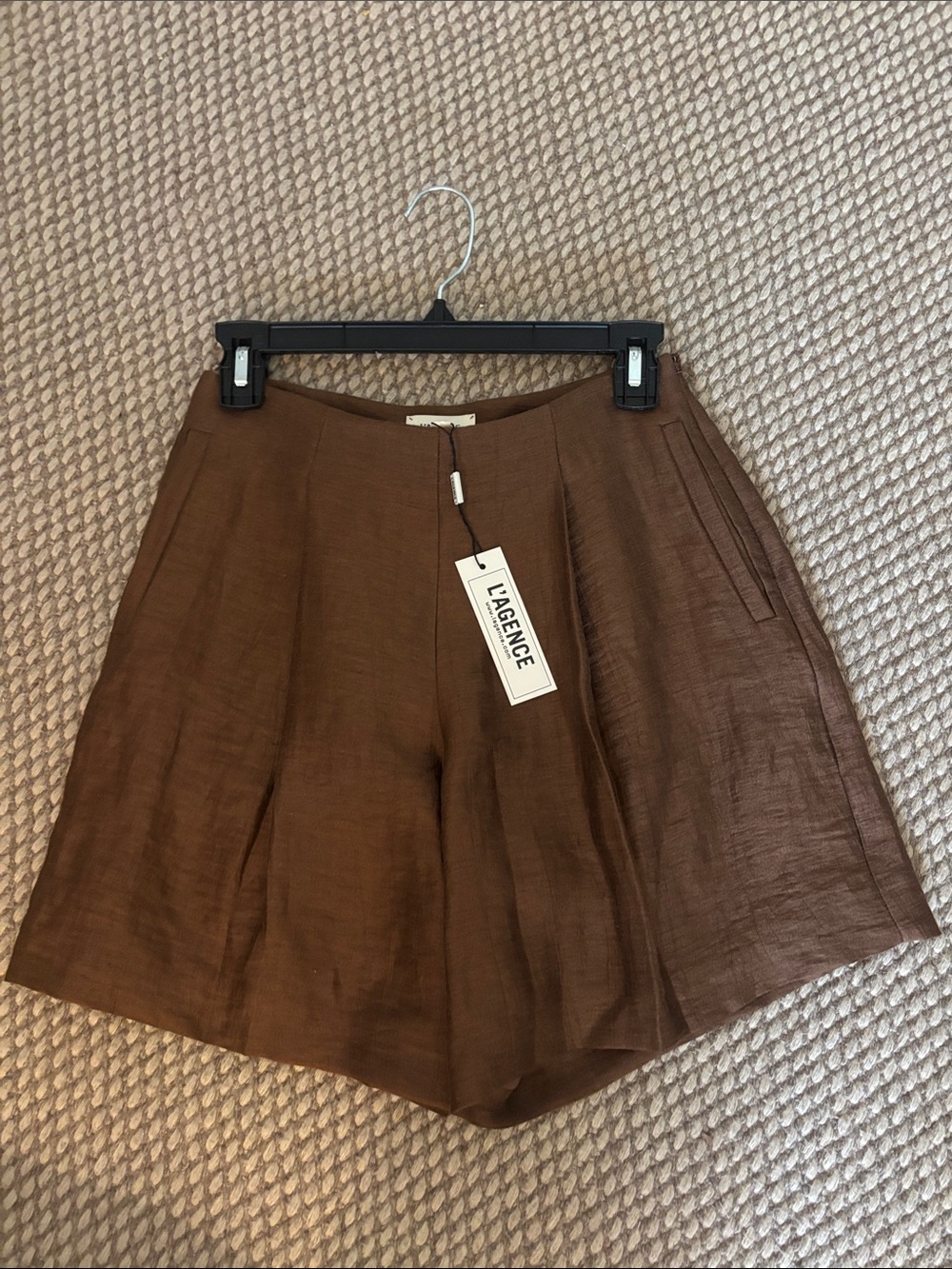 L'AGENCE Brown Pleated High-Rise Bermuda Shorts